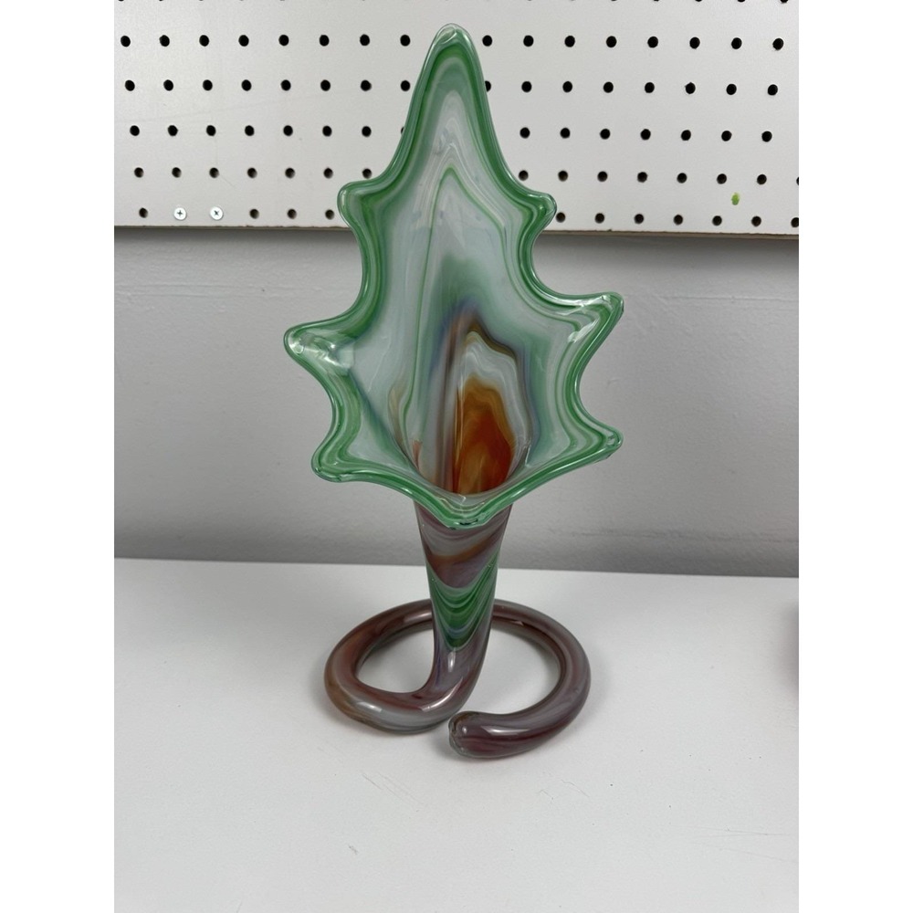 Murano Style Art Glass Swung Vase Green White MCM 13in Statement